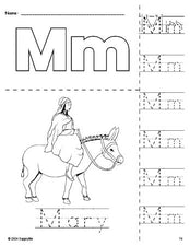 Free printable Mary Christmas coloring page and letter tracing worksheet, letter m worksheet for preschool, pre-k, and kindergarten