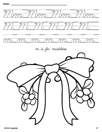 Free printable mistletoe Christmas coloring page, cursive letter tracing worksheet, letter m worksheet for preschool, pre-k, and kindergarten