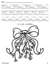 Free printable mistletoe Christmas coloring page, cursive letter tracing worksheet, letter m worksheet for preschool, pre-k, and kindergarten