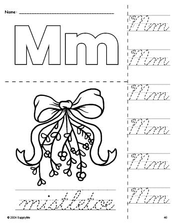 Free printable mistletoe Christmas coloring page and cursive letter tracing worksheet, letter m worksheet for preschool, pre-k, and kindergarten