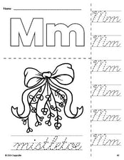 Free printable mistletoe Christmas coloring page and cursive letter tracing worksheet, letter m worksheet for preschool, pre-k, and kindergarten