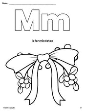 Free printable mistletoe Christmas coloring page, letter m coloring page for preschool, pre-k, and kindergarten