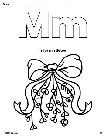 Free printable mistletoe Christmas coloring page, letter m coloring page for preschool, pre-k, and kindergarten