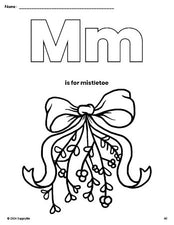 Free printable mistletoe Christmas coloring page, letter m coloring page for preschool, pre-k, and kindergarten