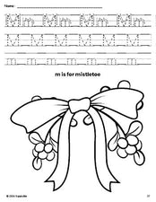 Free printable mistletoe Christmas coloring page, letter m tracing worksheet for preschool, pre-k, and kindergarten