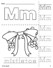 Free printable mistletoe Christmas coloring page and letter tracing worksheet, letter m worksheet for preschool, pre-k, and kindergarten