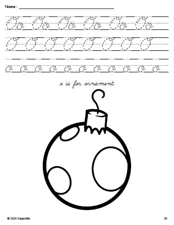 Free printable ornament Christmas coloring page, cursive letter tracing worksheet, letter o worksheet for preschool, pre-k, and kindergarten