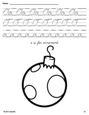 Free printable ornament Christmas coloring page, cursive letter tracing worksheet, letter o worksheet for preschool, pre-k, and kindergarten