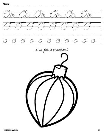 Free printable ornament Christmas coloring page, cursive letter tracing worksheet, letter o worksheet for preschool, pre-k, and kindergarten