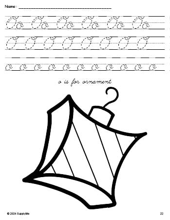 Free printable ornament Christmas coloring page, cursive letter tracing worksheet, letter o worksheet for preschool, pre-k, and kindergarten