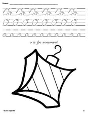 Free printable ornament Christmas coloring page, cursive letter tracing worksheet, letter o worksheet for preschool, pre-k, and kindergarten