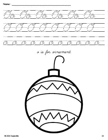 Free printable ornament Christmas coloring page, cursive letter tracing worksheet, letter o worksheet for preschool, pre-k, and kindergarten