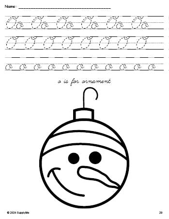 Free printable ornament Christmas coloring page, cursive letter tracing worksheet, letter o worksheet for preschool, pre-k, and kindergarten