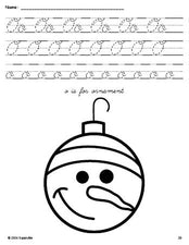 Free printable ornament Christmas coloring page, cursive letter tracing worksheet, letter o worksheet for preschool, pre-k, and kindergarten