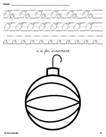 Free printable ornament Christmas coloring page, cursive letter tracing worksheet, letter o worksheet for preschool, pre-k, and kindergarten