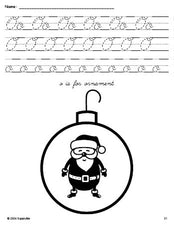 Free printable ornament Christmas coloring page, cursive letter tracing worksheet, letter o worksheet for preschool, pre-k, and kindergarten