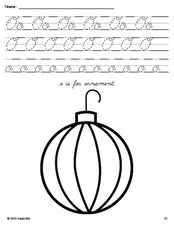 Free printable ornament Christmas coloring page, cursive letter tracing worksheet, letter o worksheet for preschool, pre-k, and kindergarten