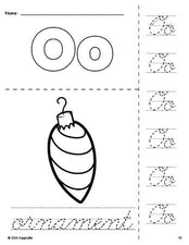 Free printable ornament Christmas coloring page and cursive letter tracing worksheet, letter o worksheet for preschool, pre-k, and kindergarten