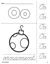 Free printable ornament Christmas coloring page and cursive letter tracing worksheet, letter o worksheet for preschool, pre-k, and kindergarten