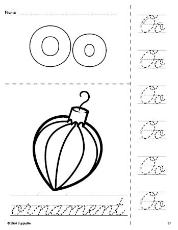 Free printable ornament Christmas coloring page and cursive letter tracing worksheet, letter o worksheet for preschool, pre-k, and kindergarten