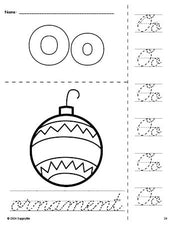 Free printable ornament Christmas coloring page and cursive letter tracing worksheet, letter o worksheet for preschool, pre-k, and kindergarten