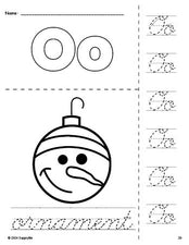 Free printable ornament Christmas coloring page and cursive letter tracing worksheet, letter o worksheet for preschool, pre-k, and kindergarten