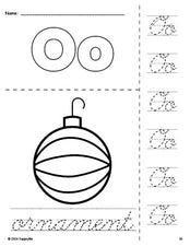 Free printable ornament Christmas coloring page and cursive letter tracing worksheet, letter o worksheet for preschool, pre-k, and kindergarten