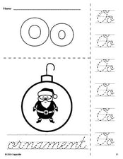 Free printable ornament Christmas coloring page and cursive letter tracing worksheet, letter o worksheet for preschool, pre-k, and kindergarten