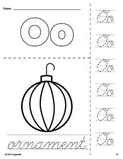 Free printable ornament Christmas coloring page and cursive letter tracing worksheet, letter o worksheet for preschool, pre-k, and kindergarten