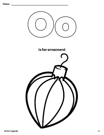 Free printable ornament Christmas coloring page, letter o coloring page for preschool, pre-k, and kindergarten