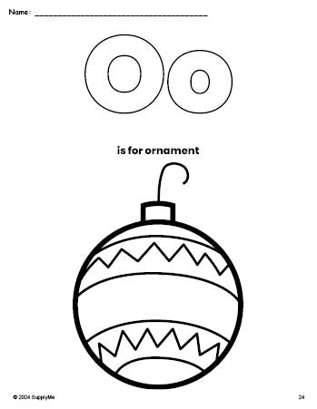 Free printable ornament Christmas coloring page, letter o coloring page for preschool, pre-k, and kindergarten