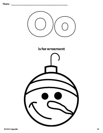 Free printable ornament Christmas coloring page, letter o coloring page for preschool, pre-k, and kindergarten