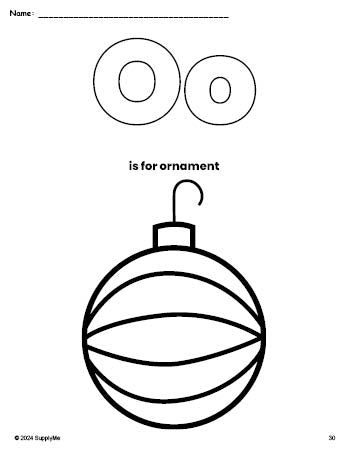 Free printable ornament Christmas coloring page, letter o coloring page for preschool, pre-k, and kindergarten