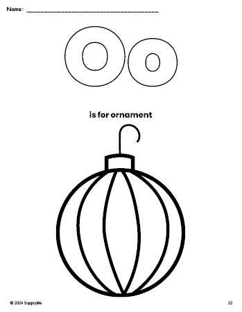 Free printable ornament Christmas coloring page, letter o coloring page for preschool, pre-k, and kindergarten