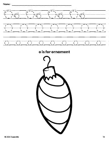 Free printable ornament Christmas coloring page, letter o tracing worksheet for preschool, pre-k, and kindergarten