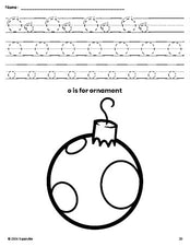 Free printable ornament Christmas coloring page, letter o tracing worksheet for preschool, pre-k, and kindergarten