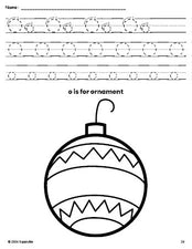 Free printable ornament Christmas coloring page, letter o tracing worksheet for preschool, pre-k, and kindergarten