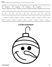 Free printable ornament Christmas coloring page, letter o tracing worksheet for preschool, pre-k, and kindergarten