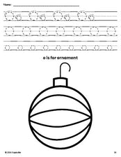 Free printable ornament Christmas coloring page, letter o tracing worksheet for preschool, pre-k, and kindergarten