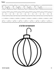 Free printable ornament Christmas coloring page, letter o tracing worksheet for preschool, pre-k, and kindergarten