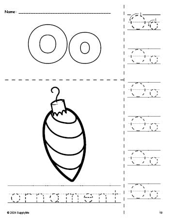 Free printable ornament Christmas coloring page and letter tracing worksheet, letter o worksheet for preschool, pre-k, and kindergarten