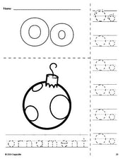 Free printable ornament Christmas coloring page and letter tracing worksheet, letter o worksheet for preschool, pre-k, and kindergarten