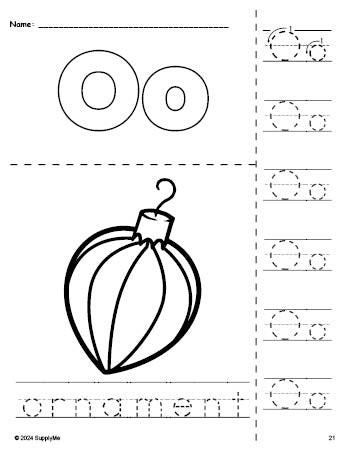 Free printable ornament Christmas coloring page and letter tracing worksheet, letter o worksheet for preschool, pre-k, and kindergarten