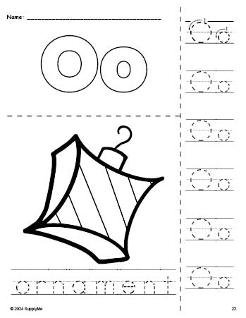 Free printable ornament Christmas coloring page and letter tracing worksheet, letter o worksheet for preschool, pre-k, and kindergarten