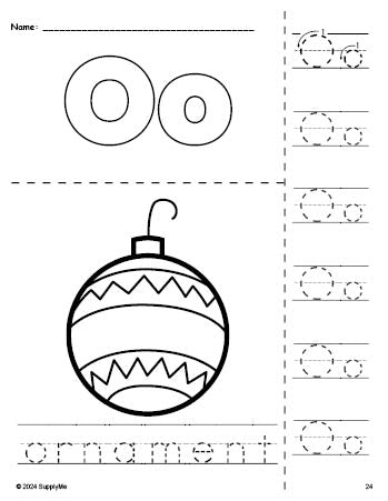 Free printable ornament Christmas coloring page and letter tracing worksheet, letter o worksheet for preschool, pre-k, and kindergarten