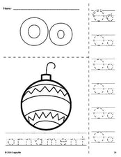 Free printable ornament Christmas coloring page and letter tracing worksheet, letter o worksheet for preschool, pre-k, and kindergarten