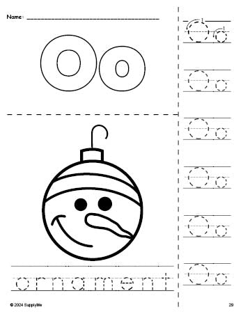 Free printable ornament Christmas coloring page and letter tracing worksheet, letter o worksheet for preschool, pre-k, and kindergarten