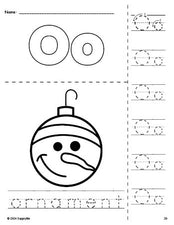 Free printable ornament Christmas coloring page and letter tracing worksheet, letter o worksheet for preschool, pre-k, and kindergarten