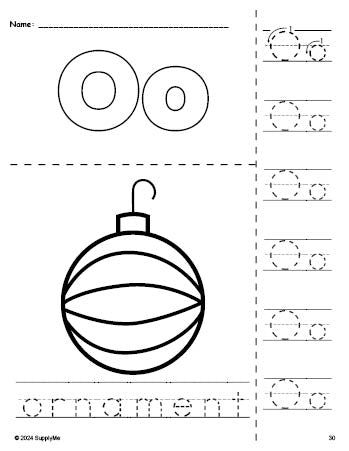 Free printable ornament Christmas coloring page and letter tracing worksheet, letter o worksheet for preschool, pre-k, and kindergarten