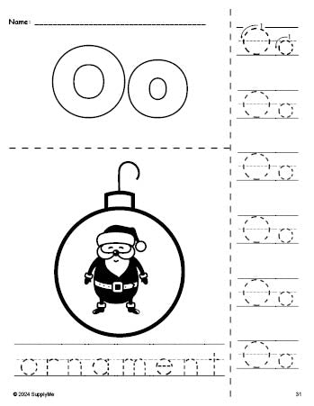 Free printable ornament Christmas coloring page and letter tracing worksheet, letter o worksheet for preschool, pre-k, and kindergarten